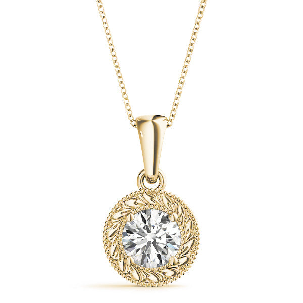 Yellow gold Round Solitaire Milgrain Bezel Pendant