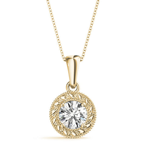Yellow gold Round Solitaire Milgrain Bezel Pendant