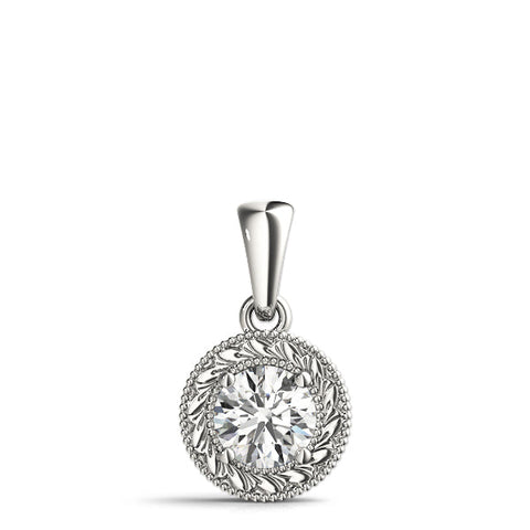 White gold Round Solitaire Milgrain Bezel Pendant