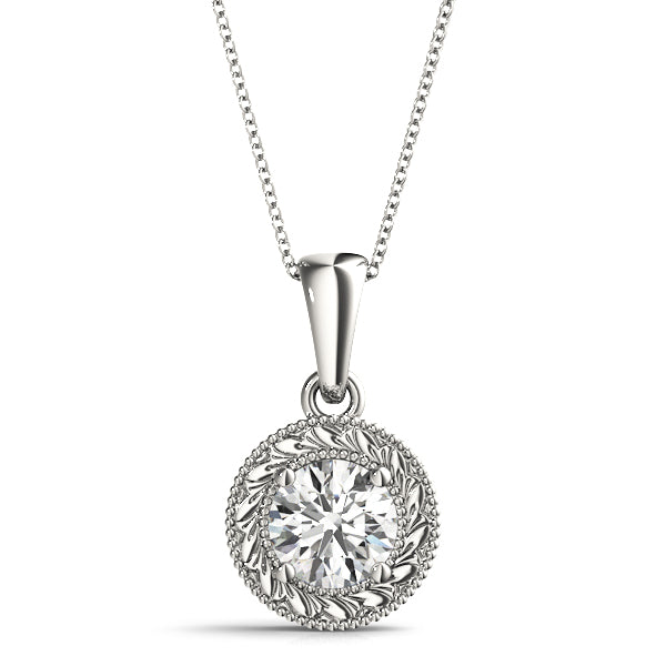 White gold Round Solitaire Milgrain Bezel Pendant
