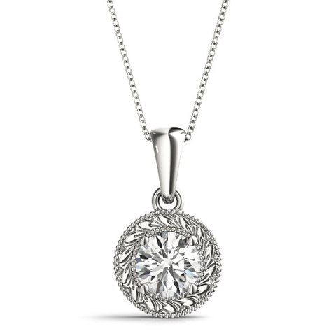 White gold Round Solitaire Milgrain Bezel Pendant