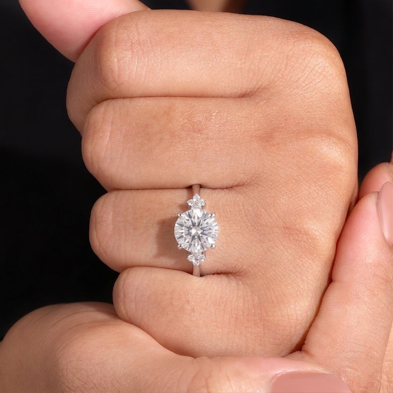 Silver Round Diamond Engagement Ring With Floral Cluster Side Design