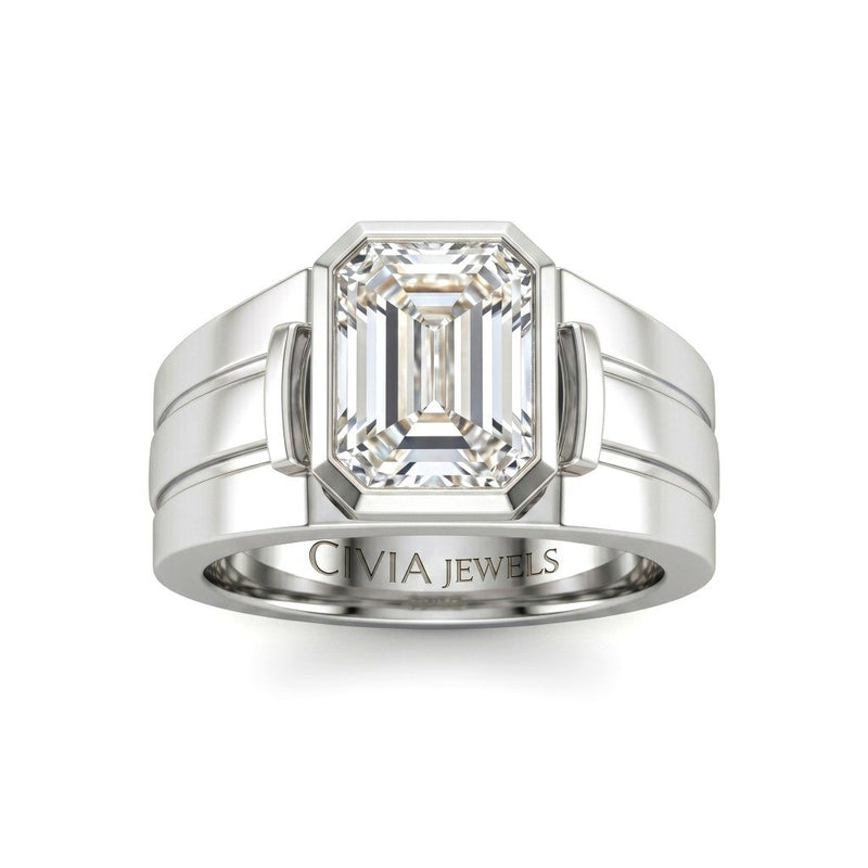 White Gold Emerald Cut Bezel Set Solitaire Engagement Ring with Smooth Band