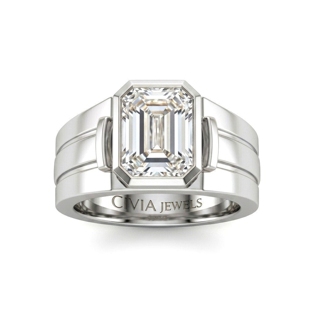White Gold Emerald Cut Bezel Set Solitaire Engagement Ring with Smooth Band