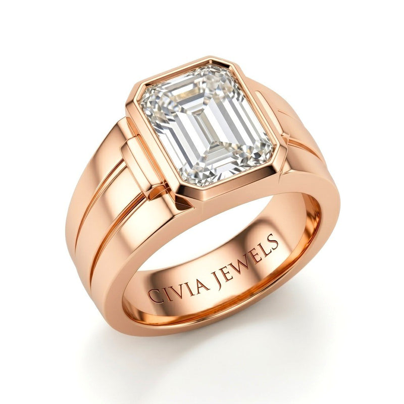 Rose Gold Emerald Cut Bezel Set Solitaire Engagement Ring with Smooth Band
