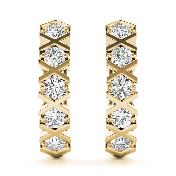 Yellow gold Round Diamond Criss-Cross Prong Hoop Earrings