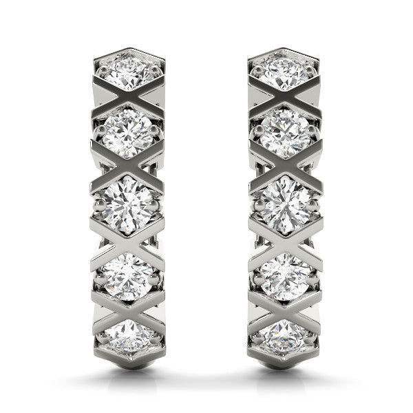 White gold Round Diamond Criss-Cross Prong Hoop Earrings