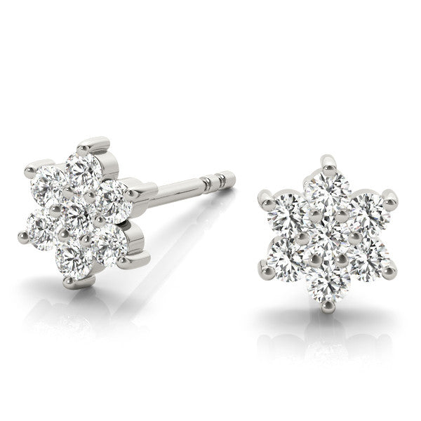 White gold Cluster Round Diamond Stud Earrings with Butterfly Backing