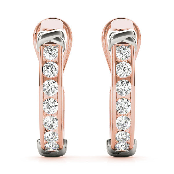 Rose gold Channel-Set Round Diamond Two-Tone Hoop Earrings with Claw Prong Setting