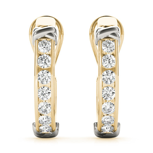 Yellow gold Channel-Set Round Diamond Two-Tone Hoop Earrings with Claw Prong Setting