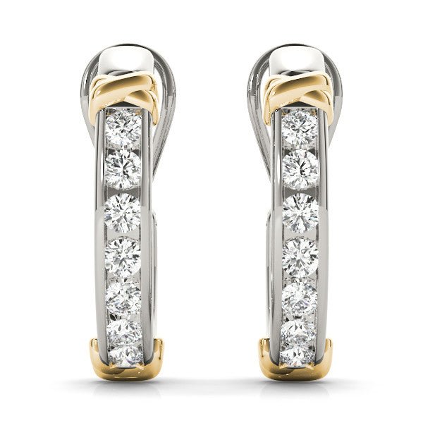 White gold Channel-Set Round Diamond Two-Tone Hoop Earrings with Claw Prong Setting