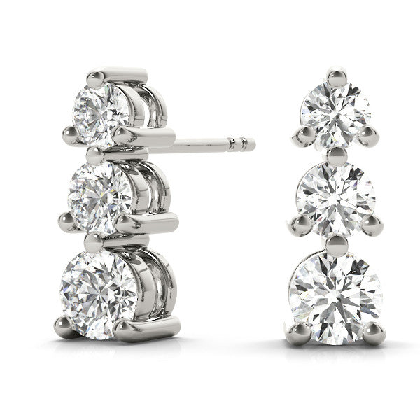 White gold Three-Stone Round Diamond Prong-Set Drop Earrings