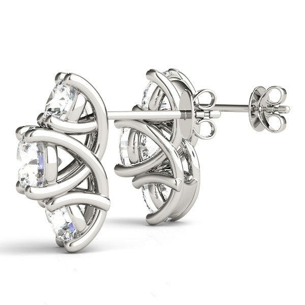 White gold Round Diamond Prong Set Three-Stone White Gold Earrings