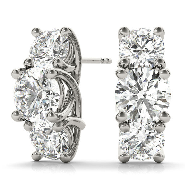 White gold Round Diamond Prong Set Three-Stone White Gold Earrings