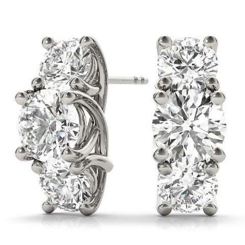 White gold Round Diamond Prong Set Three-Stone White Gold Earrings