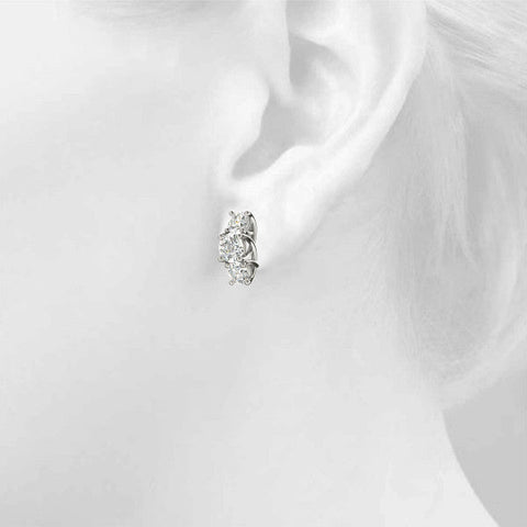 White gold Round Diamond Prong Set Three-Stone White Gold Earrings