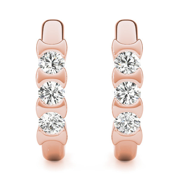 Rose gold Channel Set Round Diamond Hoop Earrings with Claw Prong Setting