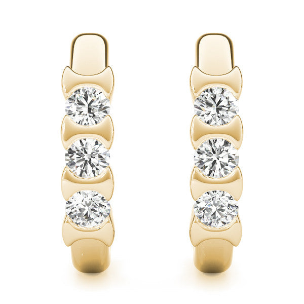 Yellow gold Channel Set Round Diamond Hoop Earrings with Claw Prong Setting