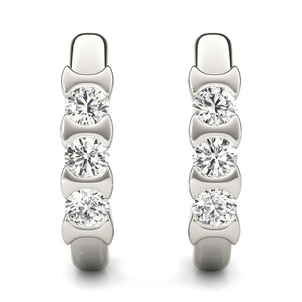 White gold Channel Set Round Diamond Hoop Earrings with Claw Prong Setting