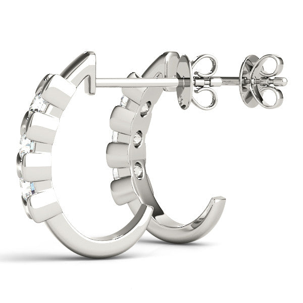 White gold Channel Set Round Diamond Hoop Earrings with Claw Prong Setting