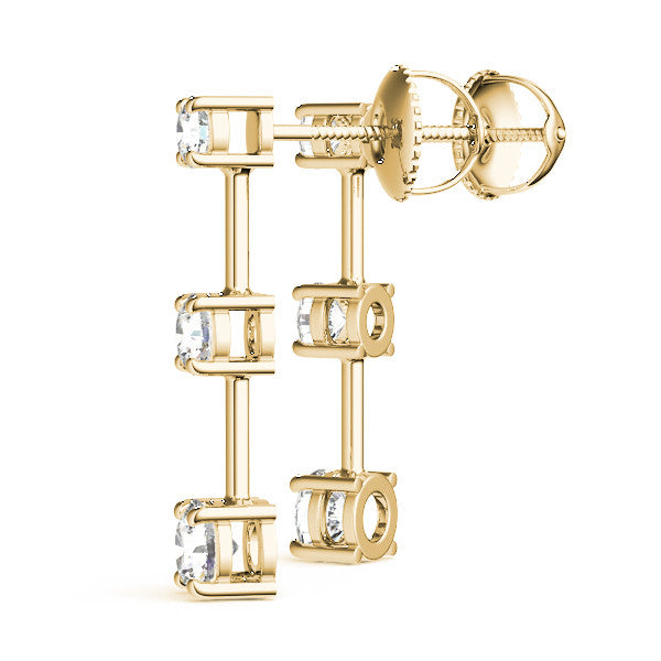 Yellow gold Three-Stone Round Cut Drop Earrings with Prong Setting