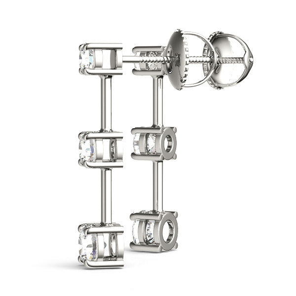 White gold Three-Stone Round Cut Drop Earrings with Prong Setting