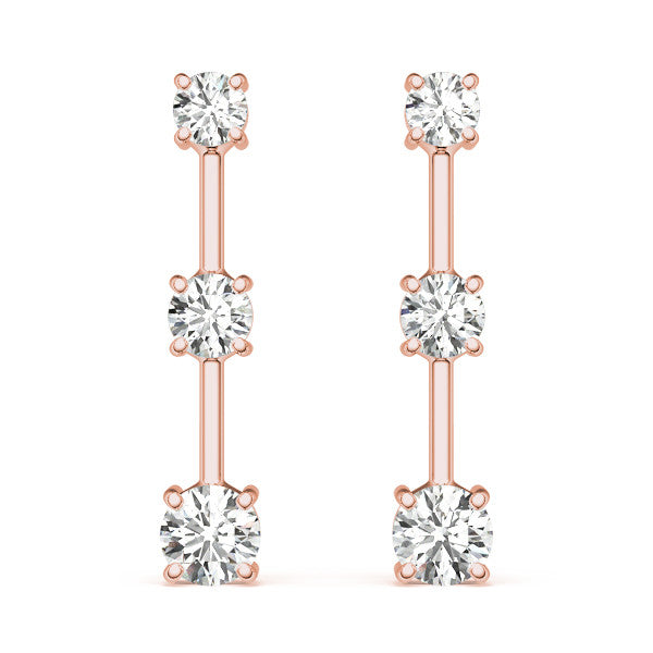 Rose gold Three-Stone Round Cut Drop Earrings with Prong Setting
