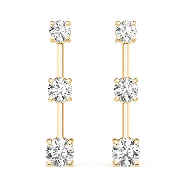 Yellow gold Three-Stone Round Cut Drop Earrings with Prong Setting