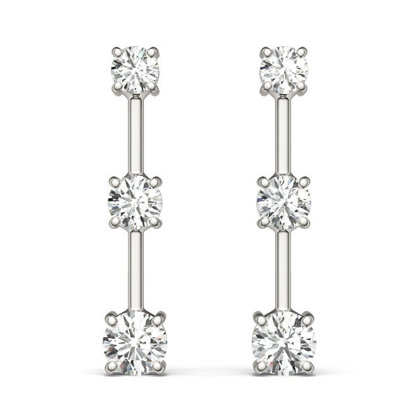 White gold Three-Stone Round Cut Drop Earrings with Prong Setting