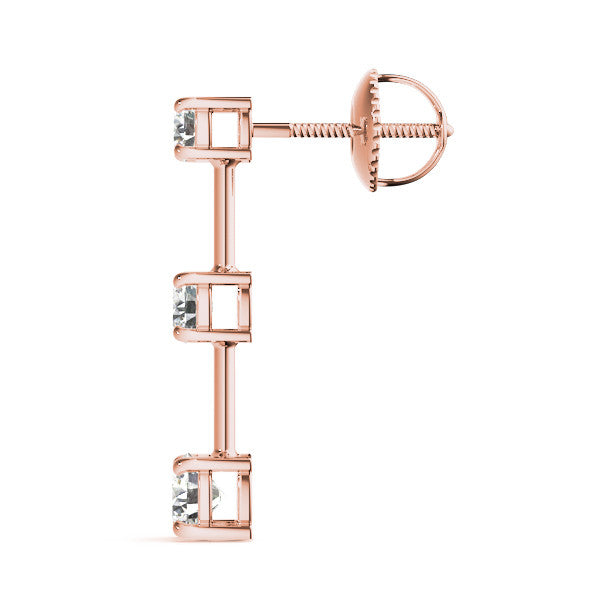Rose gold Three-Stone Round Cut Drop Earrings with Prong Setting