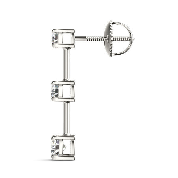 White gold Three-Stone Round Cut Drop Earrings with Prong Setting