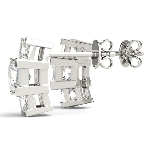 White gold Three-Stone Princess Cut Channel Set Earrings with Bar Prong Setting