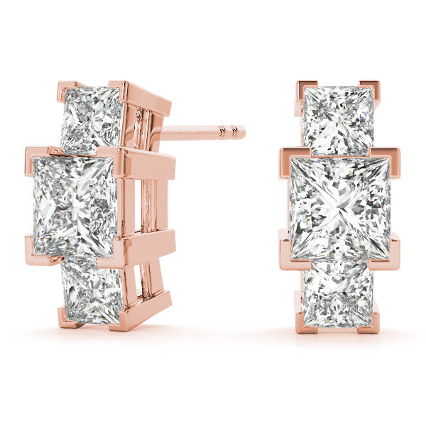 Rose gold Three-Stone Princess Cut Channel Set Earrings with Bar Prong Setting