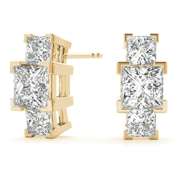 Yellow gold Three-Stone Princess Cut Channel Set Earrings with Bar Prong Setting