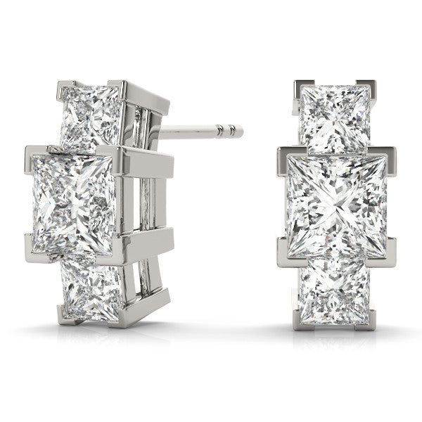 White gold Three-Stone Princess Cut Channel Set Earrings with Bar Prong Setting