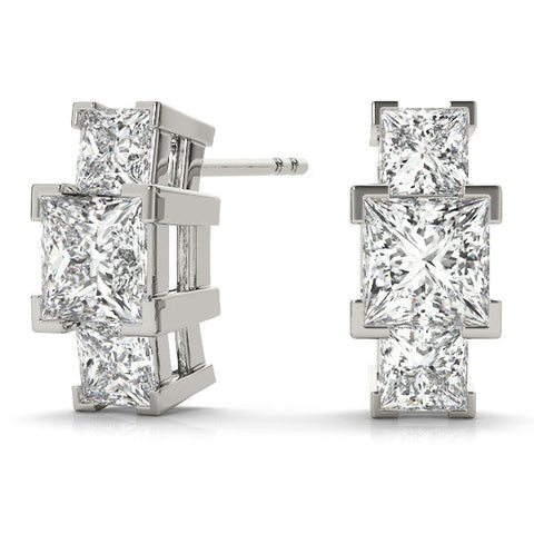 White gold Three-Stone Princess Cut Channel Set Earrings with Bar Prong Setting