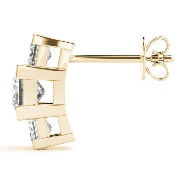 Yellow gold Three-Stone Princess Cut Channel Set Earrings with Bar Prong Setting