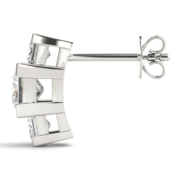 White gold Three-Stone Princess Cut Channel Set Earrings with Bar Prong Setting