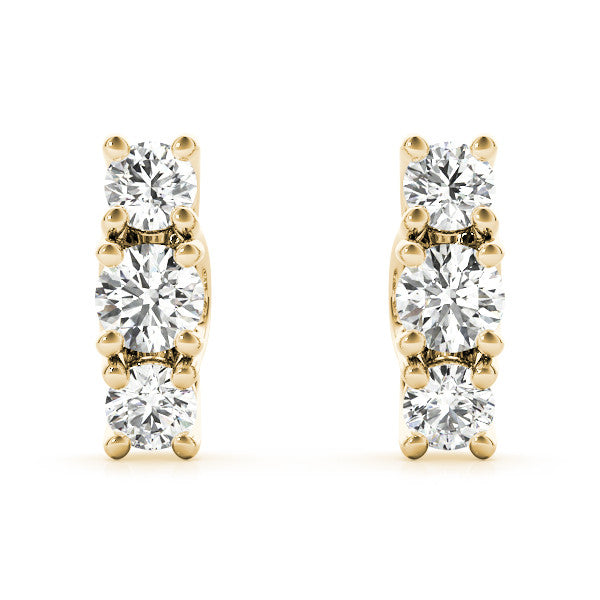 Yellow gold Three-Stone Round Diamond Channel Band Prong-Set Earrings