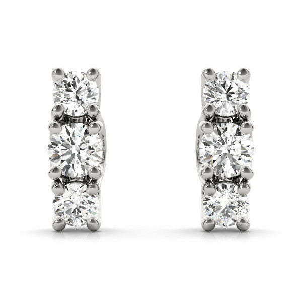 White gold Three-Stone Round Diamond Channel Band Prong-Set Earrings