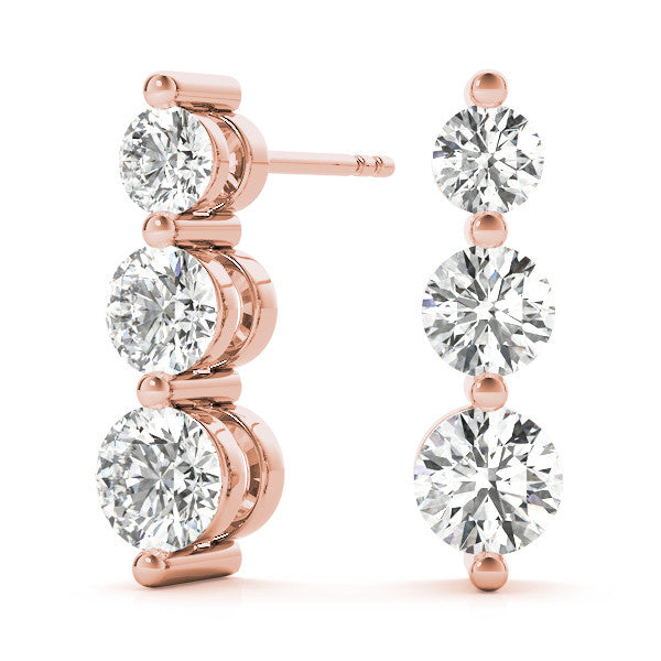 Rose gold Three-Stone Round Diamond Drop Earrings with Prong Setting on White Gold