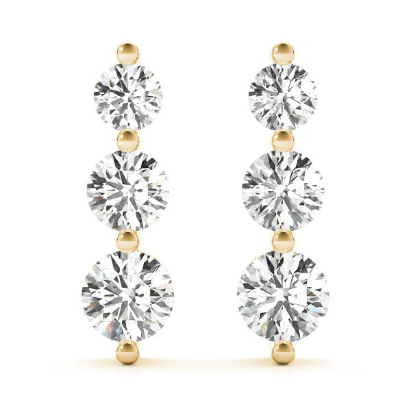 Yellow gold Three-Stone Round Diamond Drop Earrings with Prong Setting on White Gold
