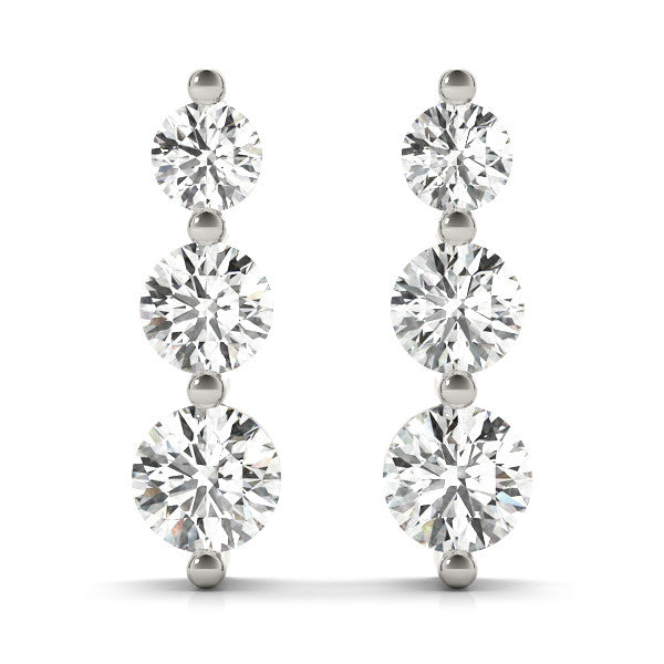 White gold Three-Stone Round Diamond Drop Earrings with Prong Setting on White Gold