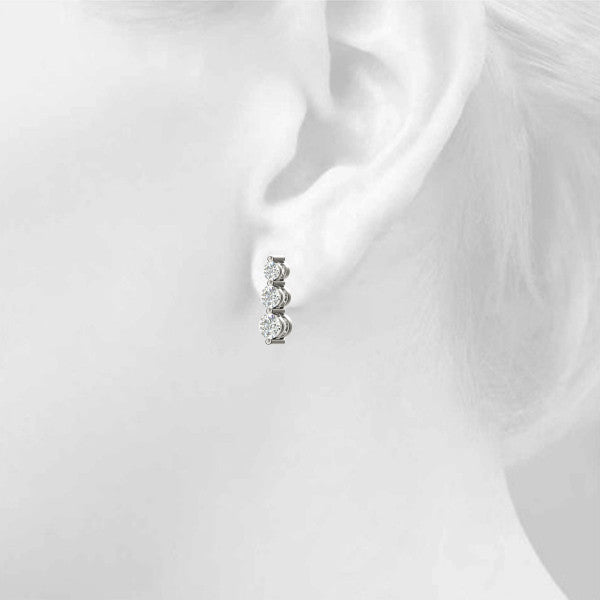 White gold Three-Stone Round Diamond Drop Earrings with Prong Setting on White Gold