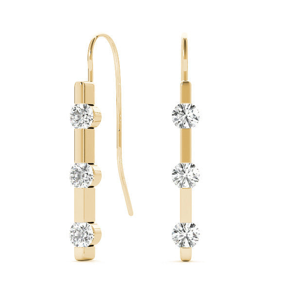Yellow gold Round Diamond Bar Drop Earrings with Bezel Setting