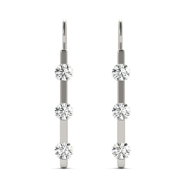 White gold Round Diamond Bar Drop Earrings with Bezel Setting