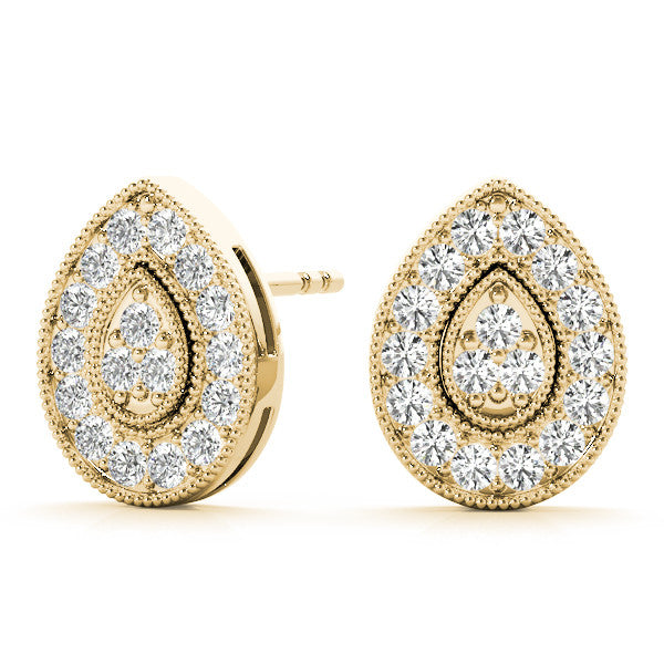 Yellow gold Pavé Pear-Shaped Halo Stud Earrings with Milgrain Detailing