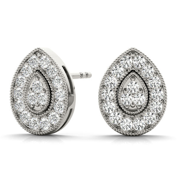 White gold Pavé Pear-Shaped Halo Stud Earrings with Milgrain Detailing