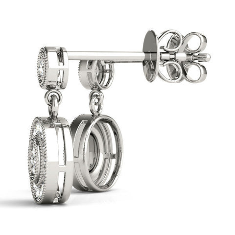 White gold Round Halo Diamond Drop Earrings with Milgrain Bezel Setting
