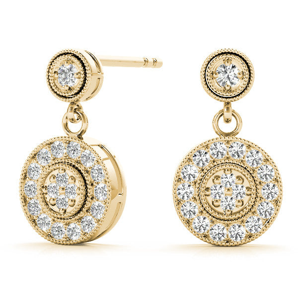 Yellow gold Round Halo Diamond Drop Earrings with Milgrain Bezel Setting